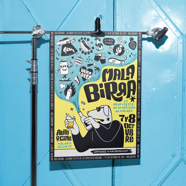Cartel oficial de la primera edición del festival de cerveza artesana Malabirra 2023, Málaga. Autocine Málaga CESUR FP.
